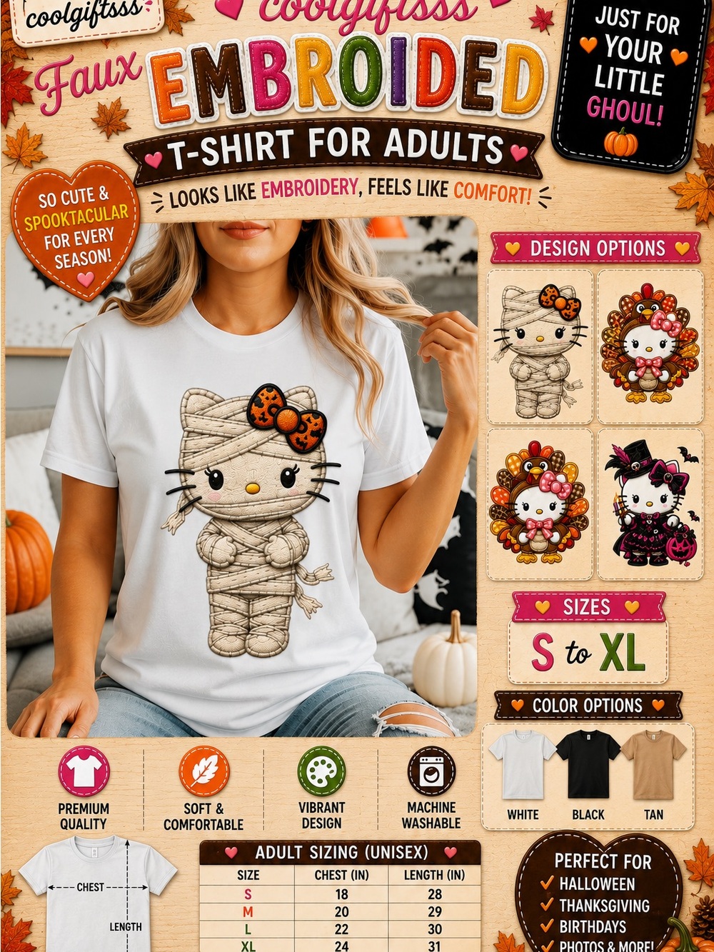 Pick one hello kitty faux embroidered t-shirt. S M L XL new halloween fall
